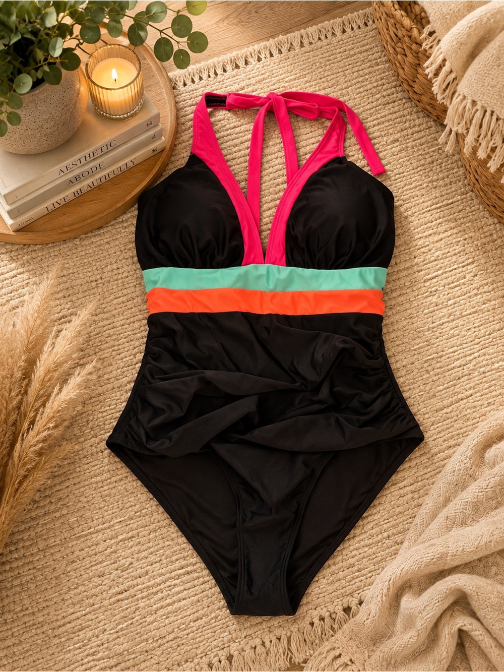 Black One-Piece Swimsuit with Pink Halter and Mint-Orange Colorband